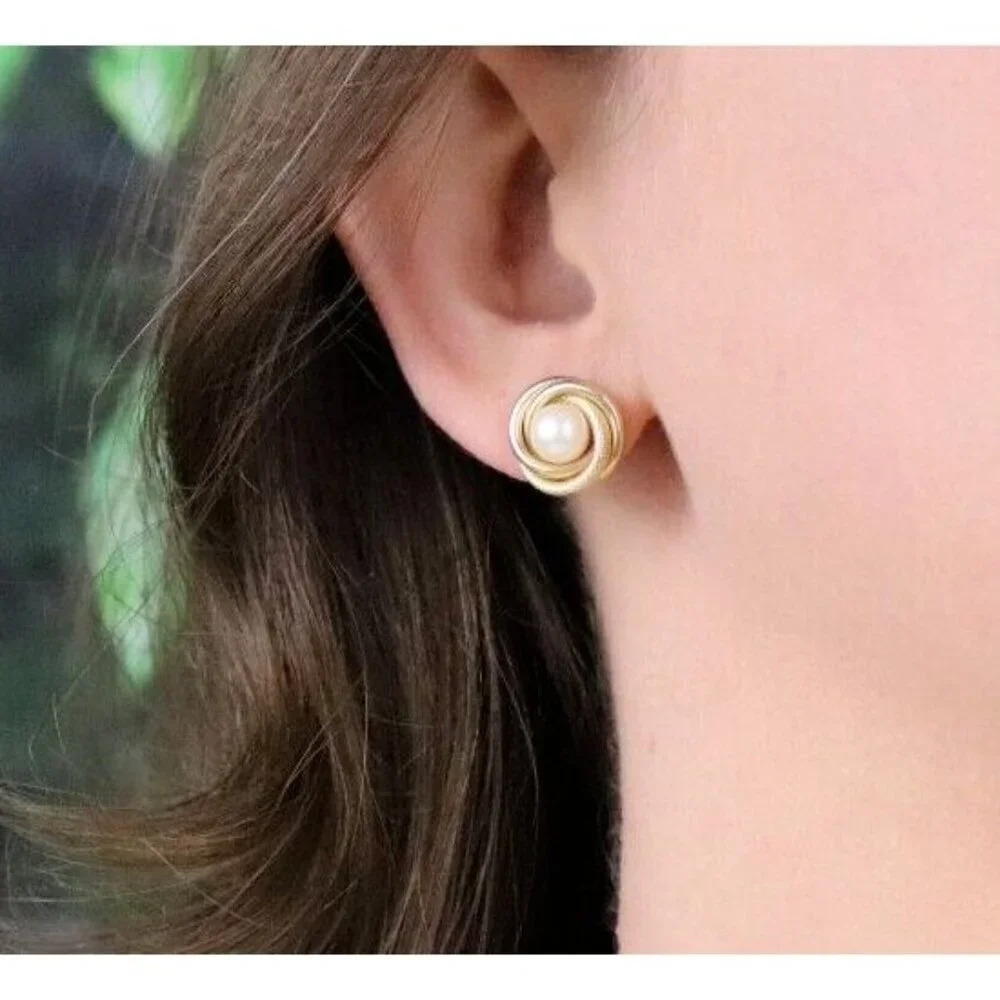 10k Yellow Gold Freshwater Pearl Knot Earrings Stud Post - Picture 2 of 9
